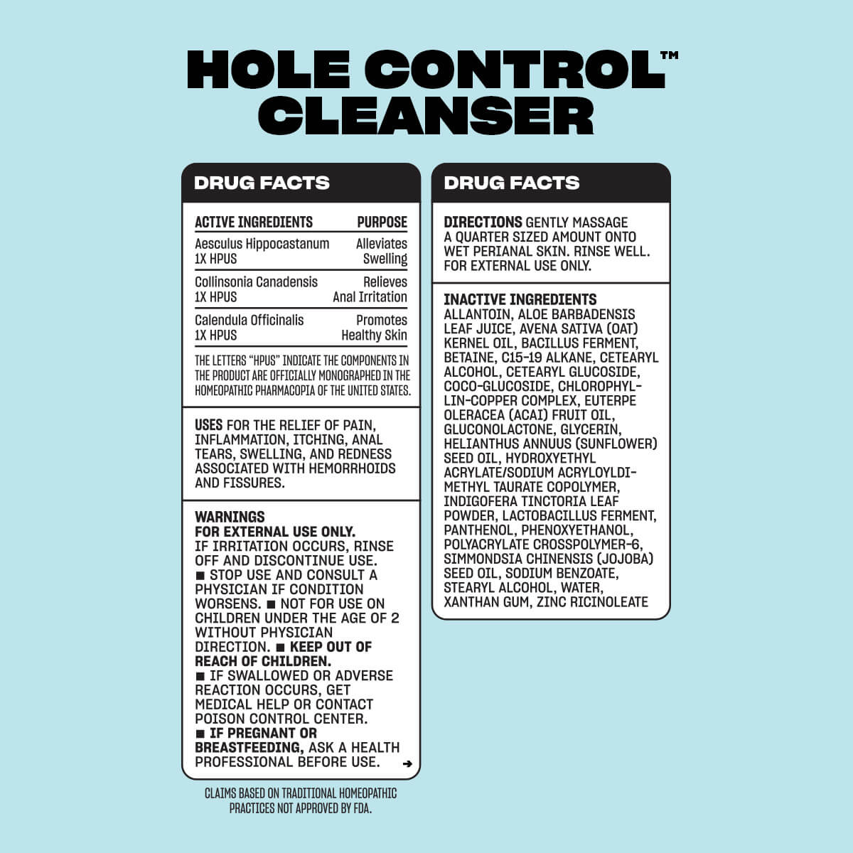A product information card for 'Hole Control Cleanser' shown against a dark teal background. The card contains drug facts and directions for external use only, with ingredient lists and warnings printed in white text.