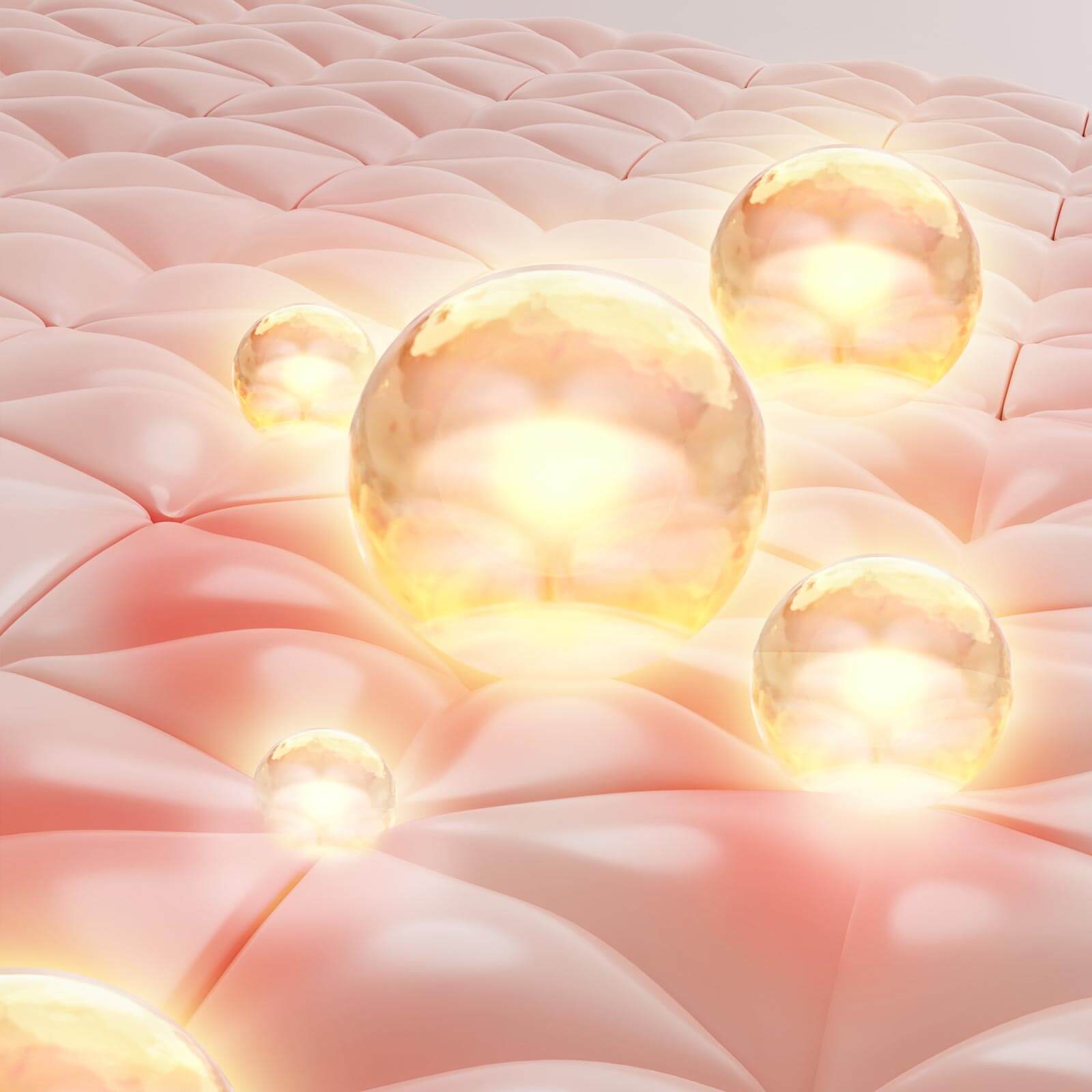 A close-up of a pink quilted fabric surface with several glowing translucent golden spheres resting on top.